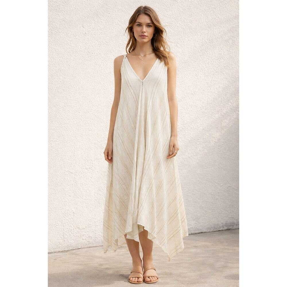 Women's Off White Maxi Dress Lagenlook Metallic Gold Gray Stripes Coastal Flowy